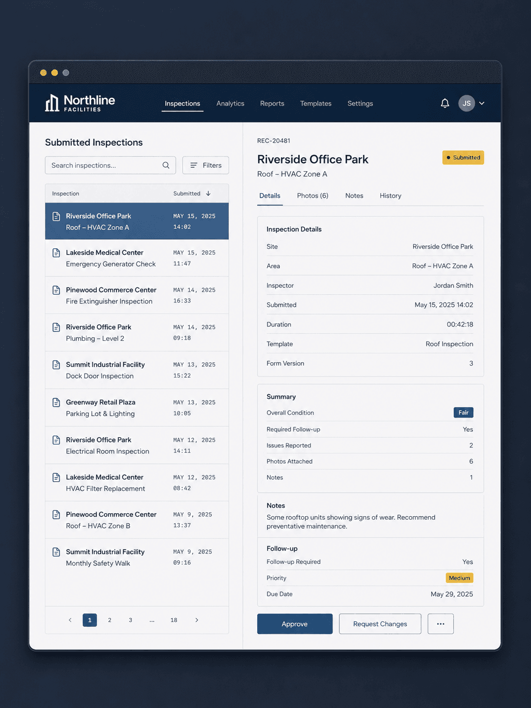 A Northline Facilities-branded web review surface listing submitted inspection records with a selected record detail panel on the right.