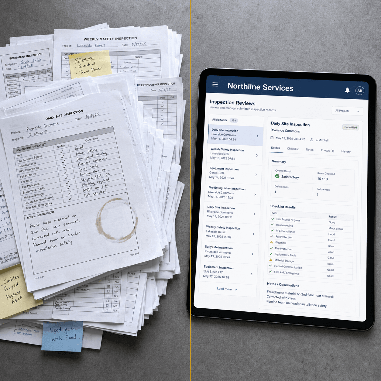 Split frame: left, a stack of paper inspection forms with sticky notes and a coffee ring on top; right, a tablet on the same desk showing a Northline Services-branded inspection review surface.