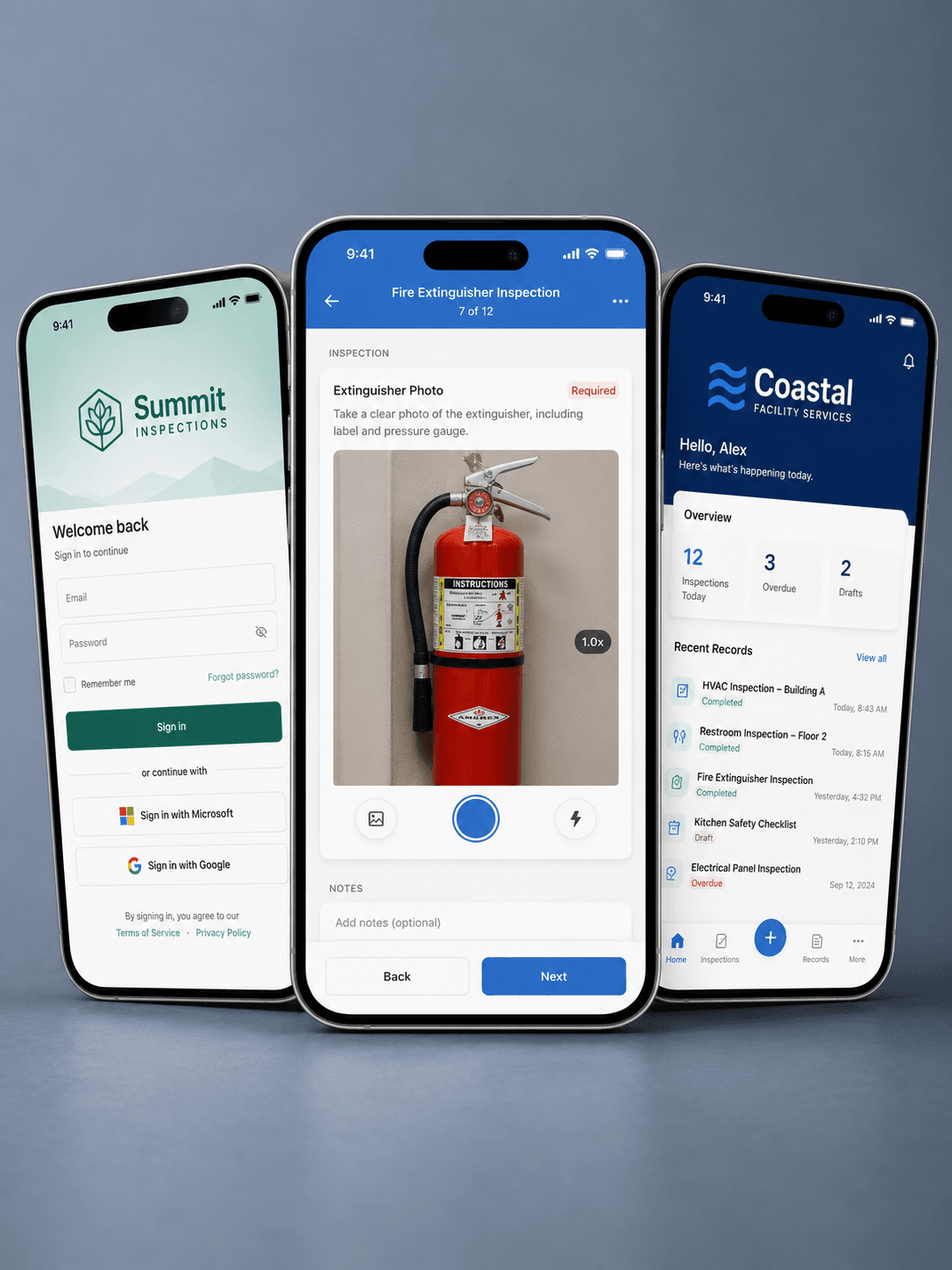 Three branded phones fanned slightly: a Summit Inspections login screen, a fire-extinguisher inspection form mid-photo capture, and a Coastal Facility Services dashboard with recent records — each showing a different partner variant of the FieldScroll mobile shell.
